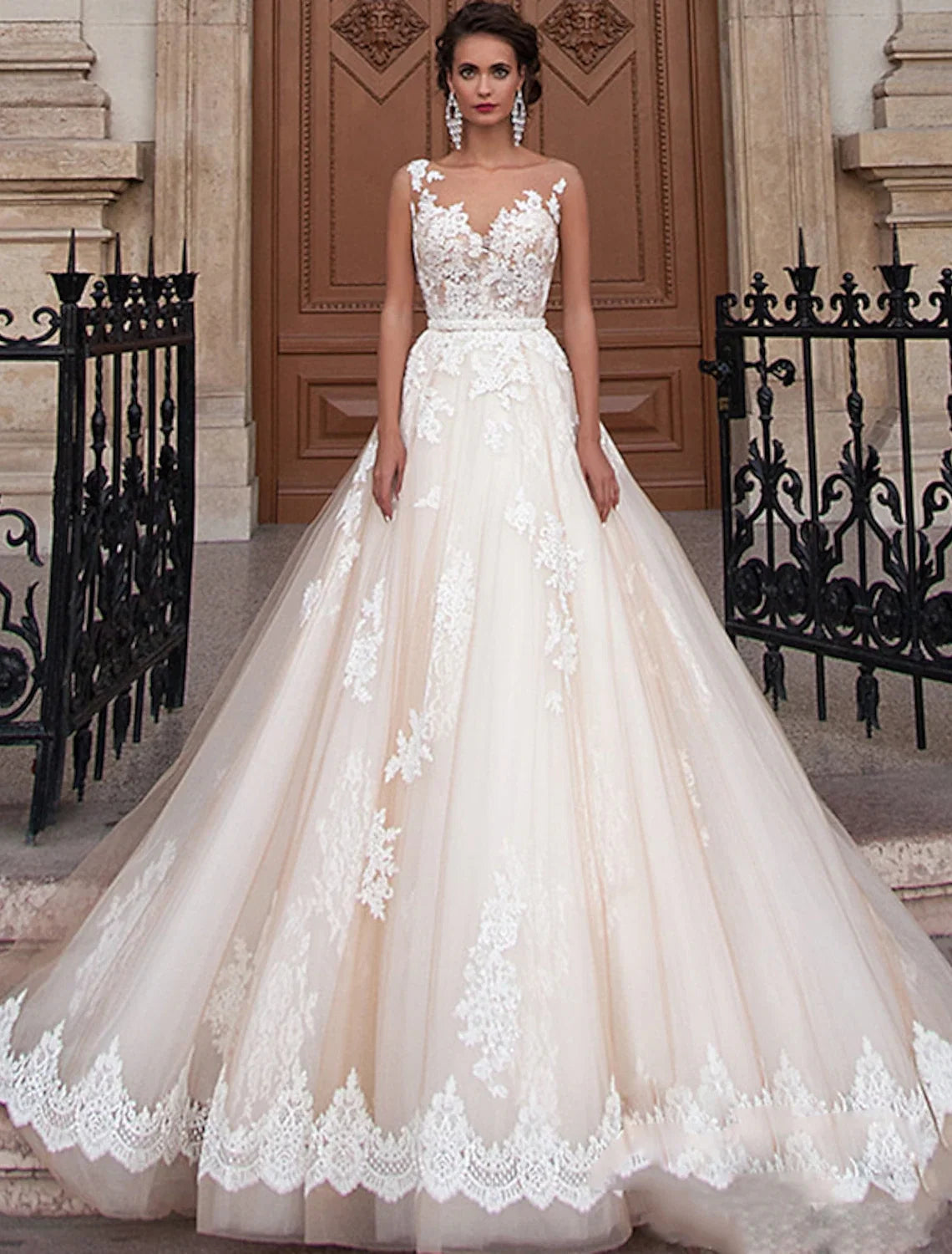 Ball Gown Illusion Satin Sleeveless Open Back Train Wedding Gown - Chloe Dress