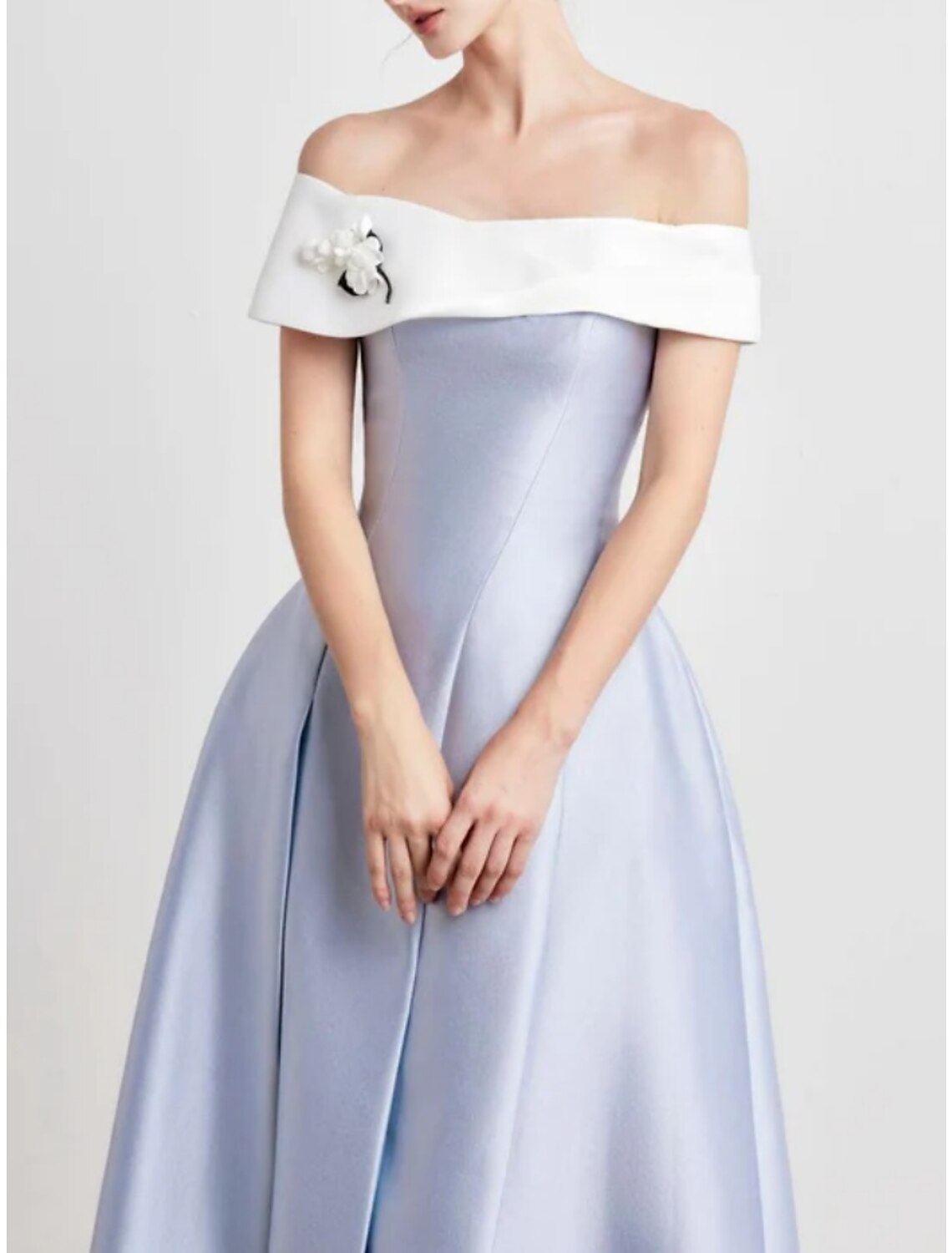 A-Line Off-Shoulder Satin Short Sleeve Pleated Mini Evening Gown - Chloe Dress
