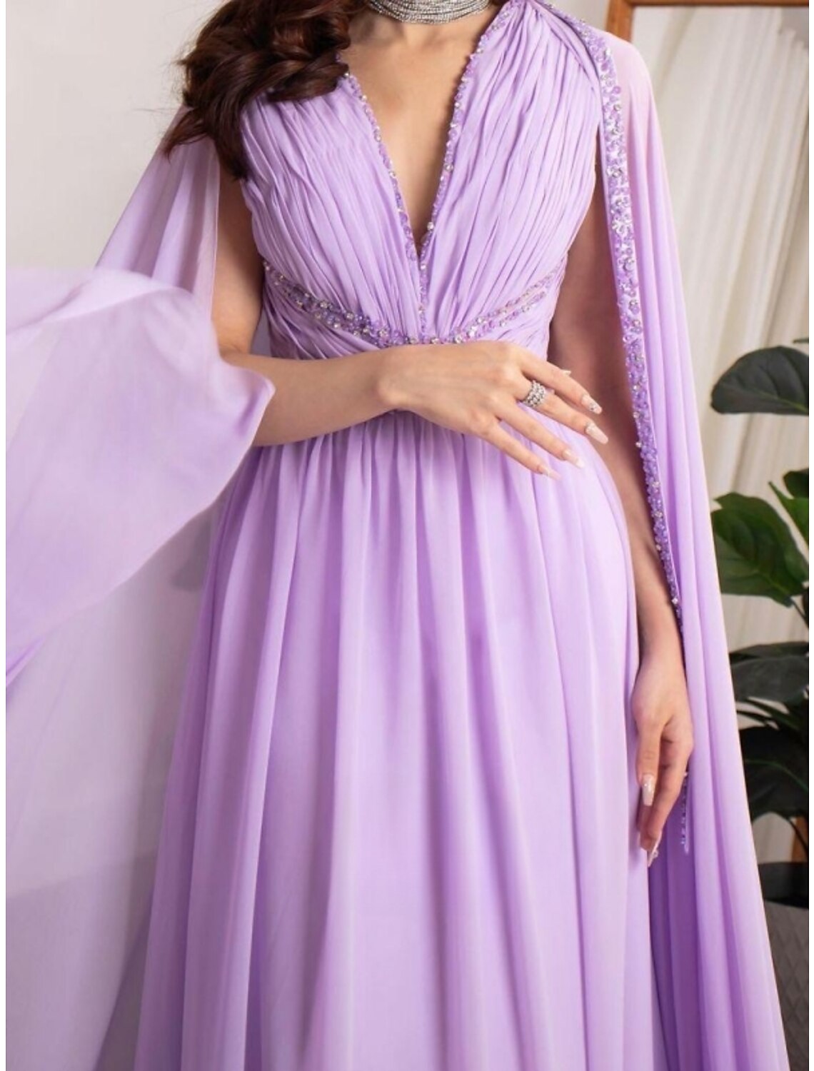 A-Line V-Neck Chiffon Long Sleeve Pleated Evening Gown - Chloe Dress