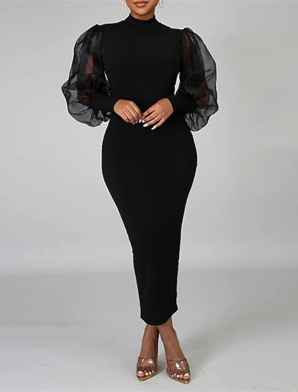 Sheath High Neck Chiffon Long Sleeve Tea-Length Wedding Dress - Chloe Dress
