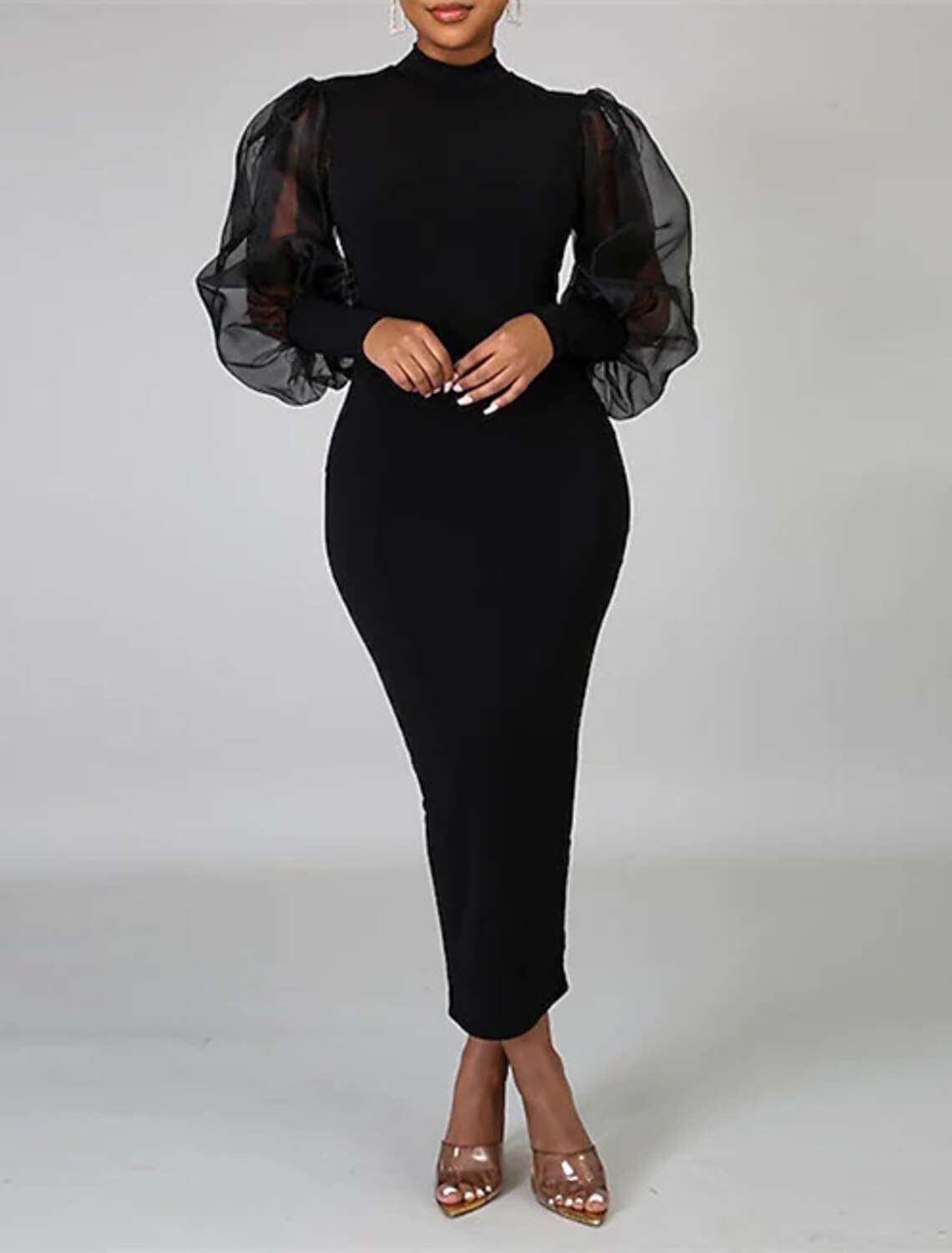 Sheath High Neck Chiffon Long Sleeve Tea-Length Wedding Dress - Chloe Dress