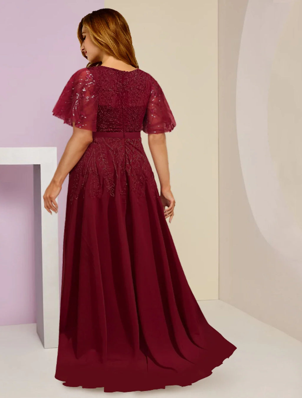 V-Neck Chiffon Short Sleeve Pleated Floor-Length Wedding Dress - Chloe Dress