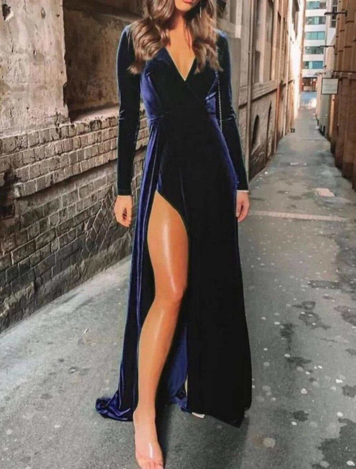 A-Line V-Neck Velvet Long Sleeve Train Wedding Dress - Chloe Dress