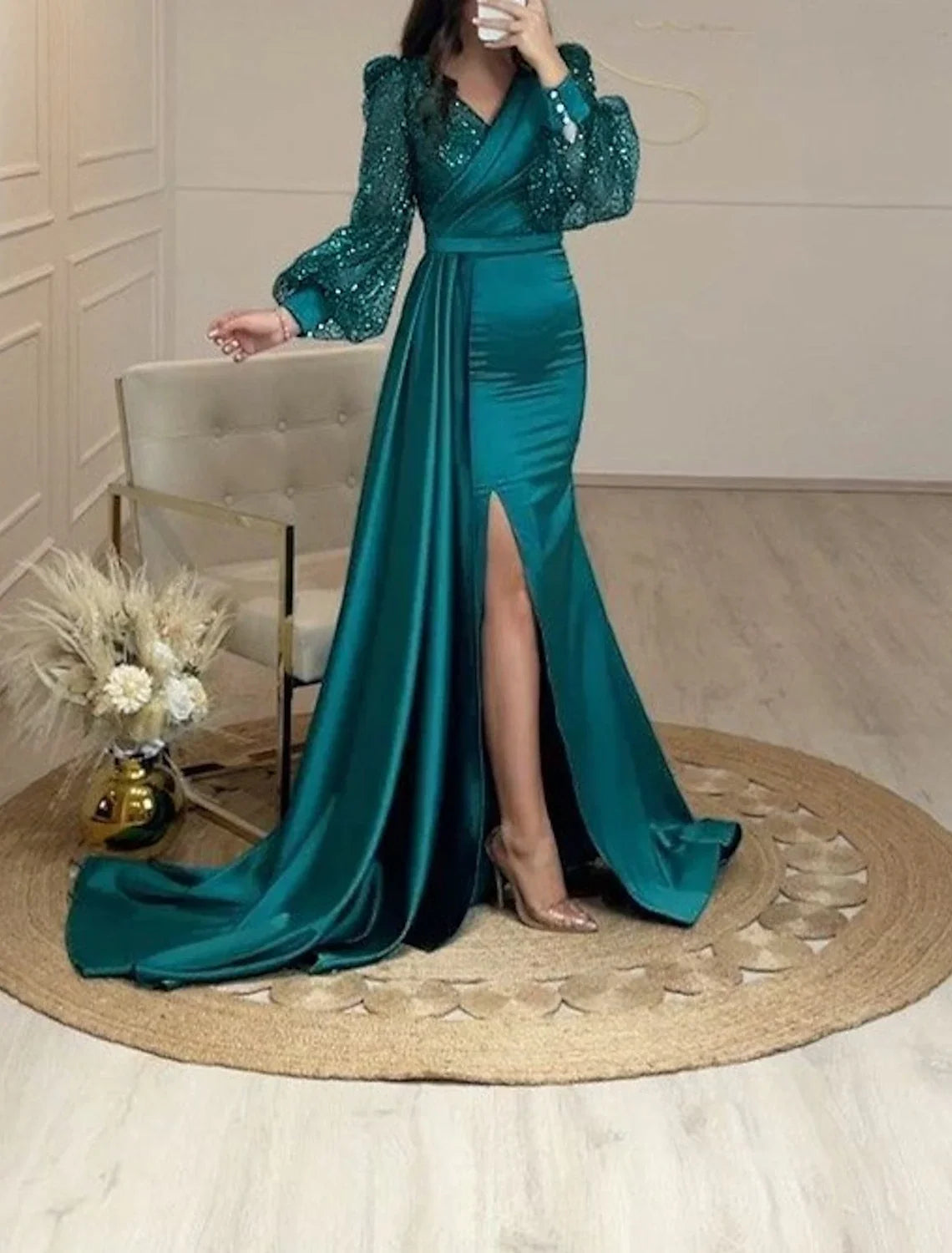 Mermaid V-Neck Sequin Long Sleeve High Slit Evening Gown - Chloe Dress