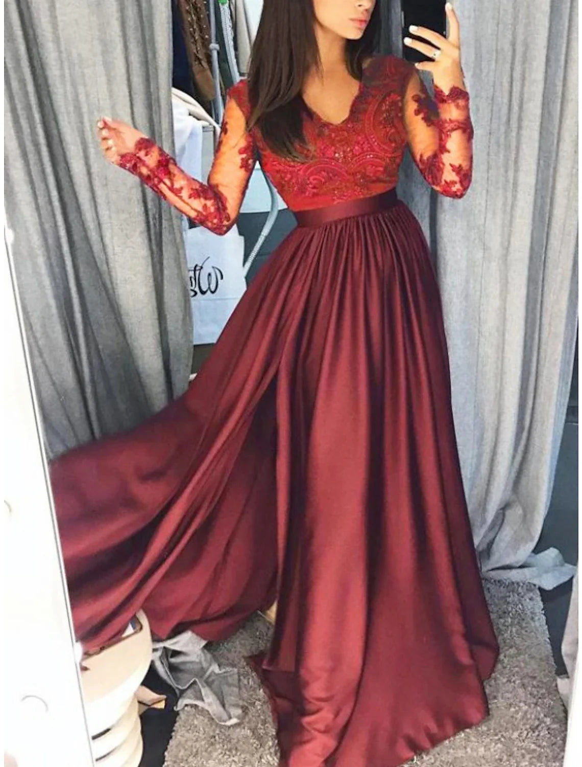 Black A-Line V-Neck Chiffon Long Sleeve Applique Floor-Length Wedding Gown - Chloe Dress