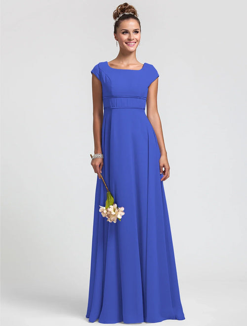 Sheath Square Neck Chiffon Short Sleeve Pleated Floor-Length Wedding Dress - Chloe Dress