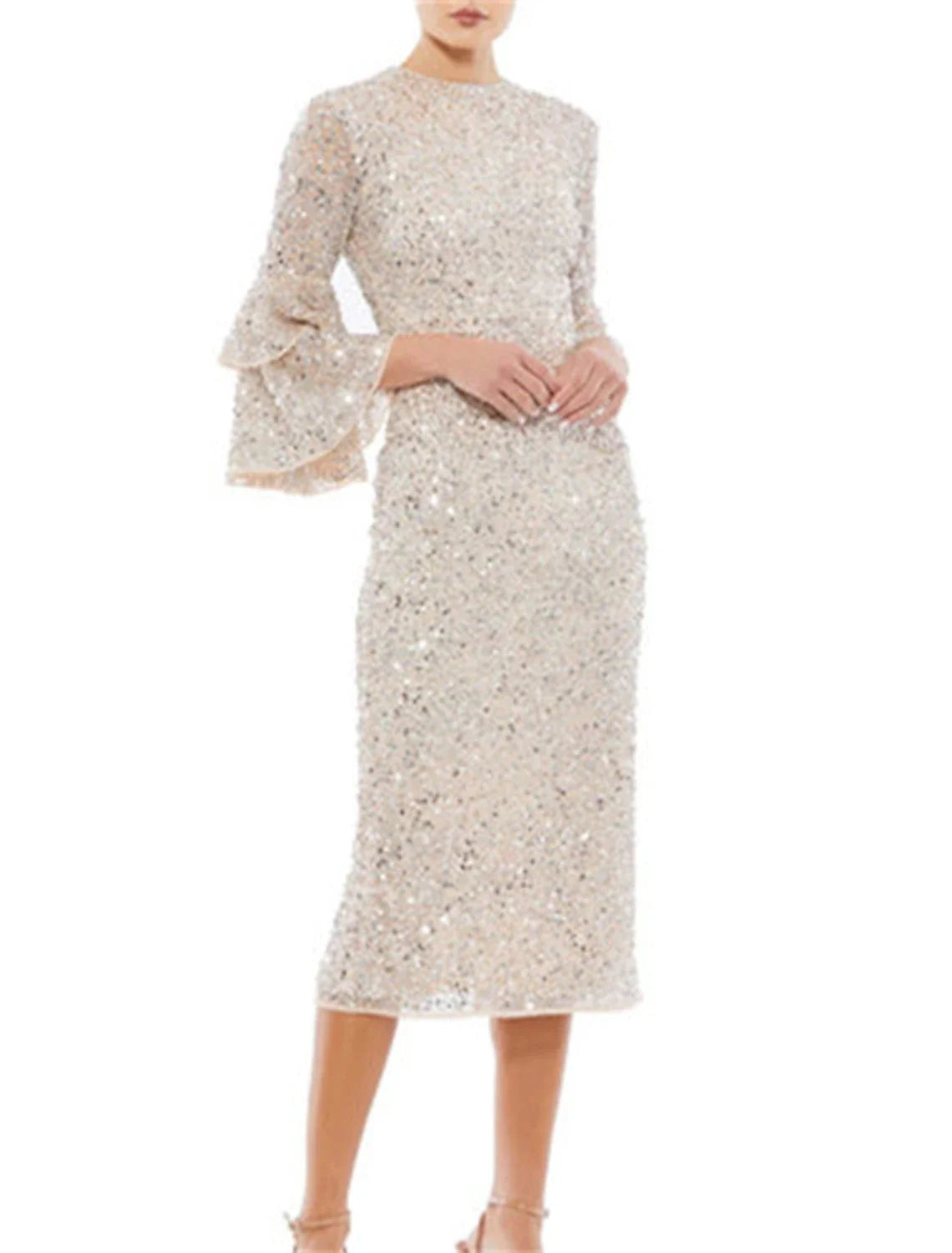 Sheath Sequin Three-Quarter Sleeve Ruffled Tea-Length Wedding Dress - Chloe Dress