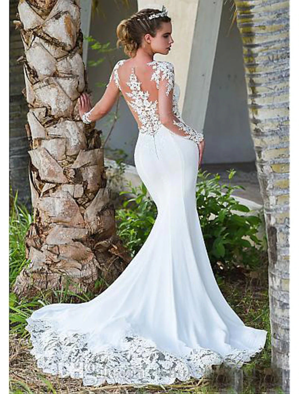 Mermaid Illusion Lace Long Sleeve Open Back Train Wedding Gown - Chloe Dress