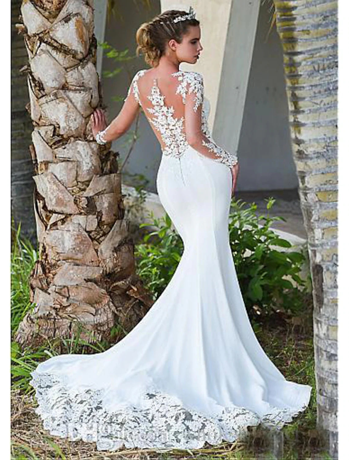 Mermaid Illusion Lace Long Sleeve Open Back Train Wedding Gown - Chloe Dress