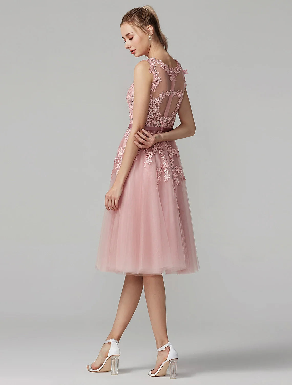A-Line Illusion Tulle Sleeveless Applique Knee-Length Prom Dress - Chloe Dress