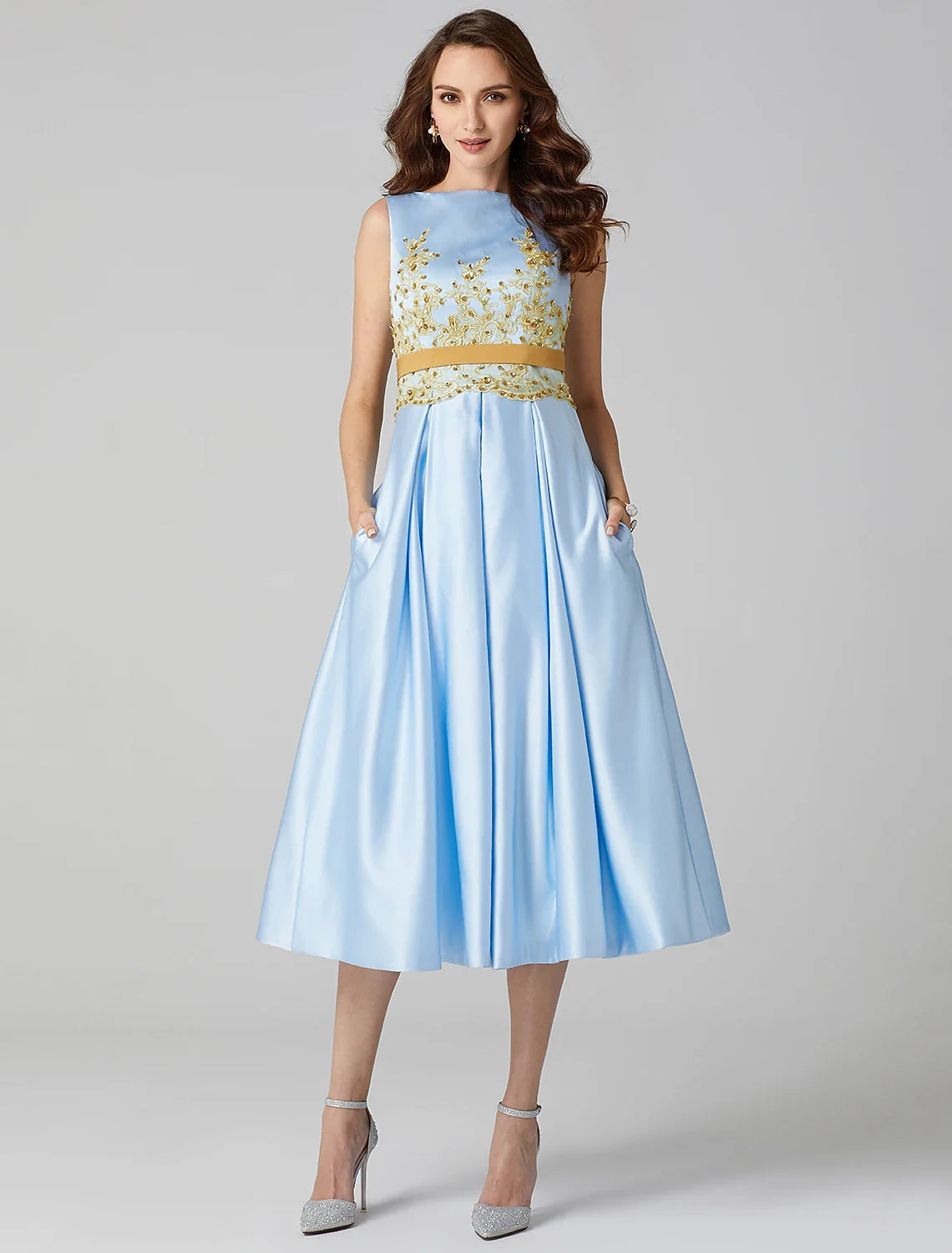 A-Line Satin Sleeveless Pleated Tea-Length Prom Dress - Chloe Dress