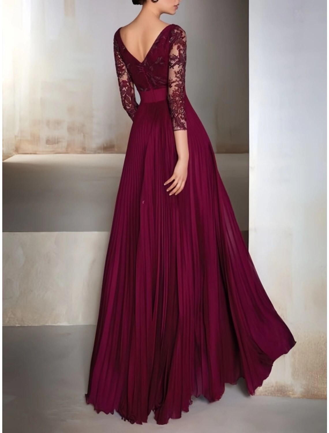 A-Line V-Neck Chiffon Three-Quarter Sleeve Pleated Floor-Length Evening Gown - Chloe Dress