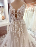 A-Line V-Neck Lace Open Back Train Wedding Gown - Chloe Dress