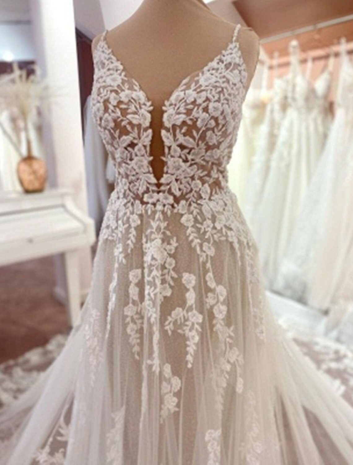 A-Line V-Neck Lace Open Back Train Wedding Gown - Chloe Dress