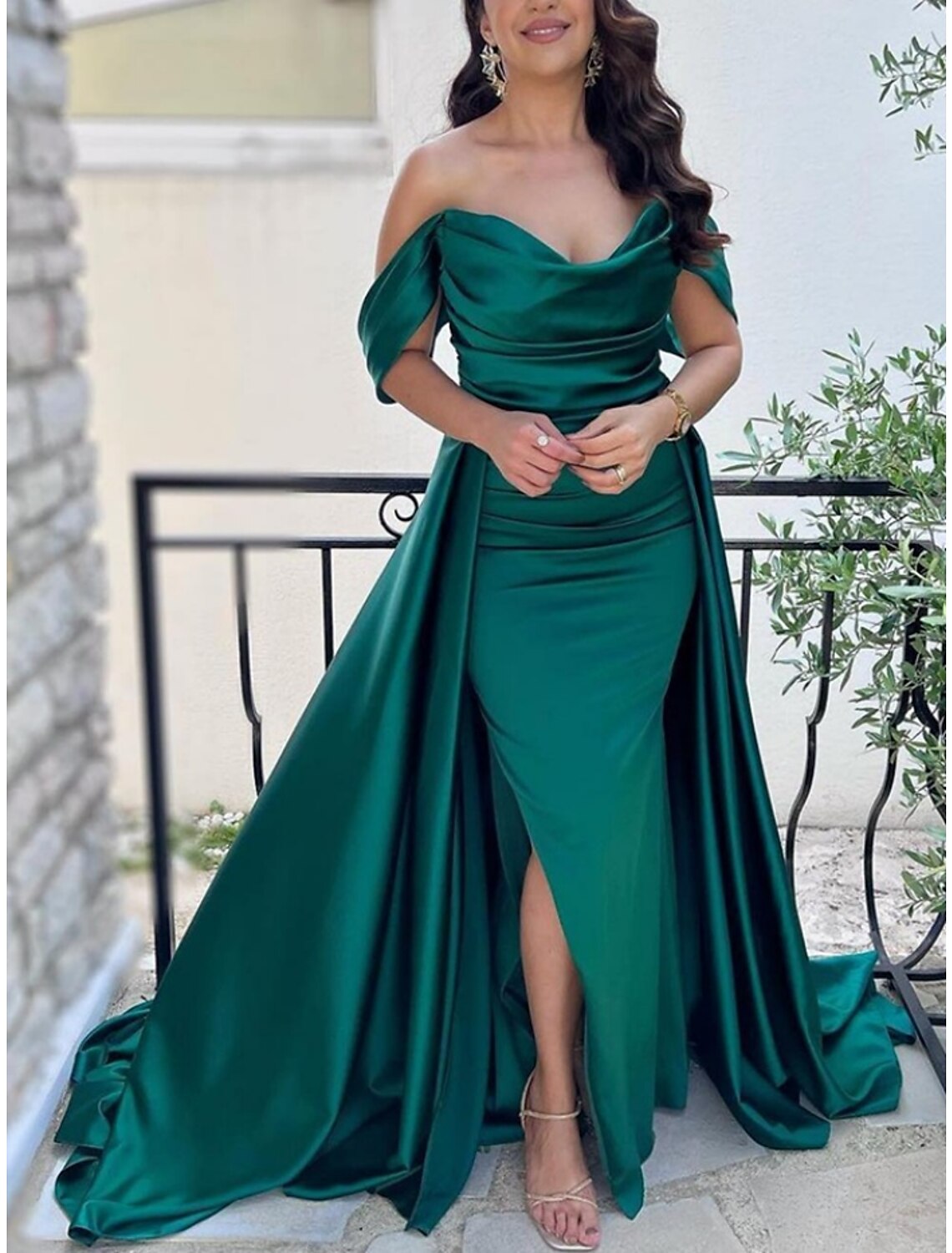 Green A-Line Off-Shoulder Satin Short Sleeve High Slit Mini Evening Gown - Chloe Dress