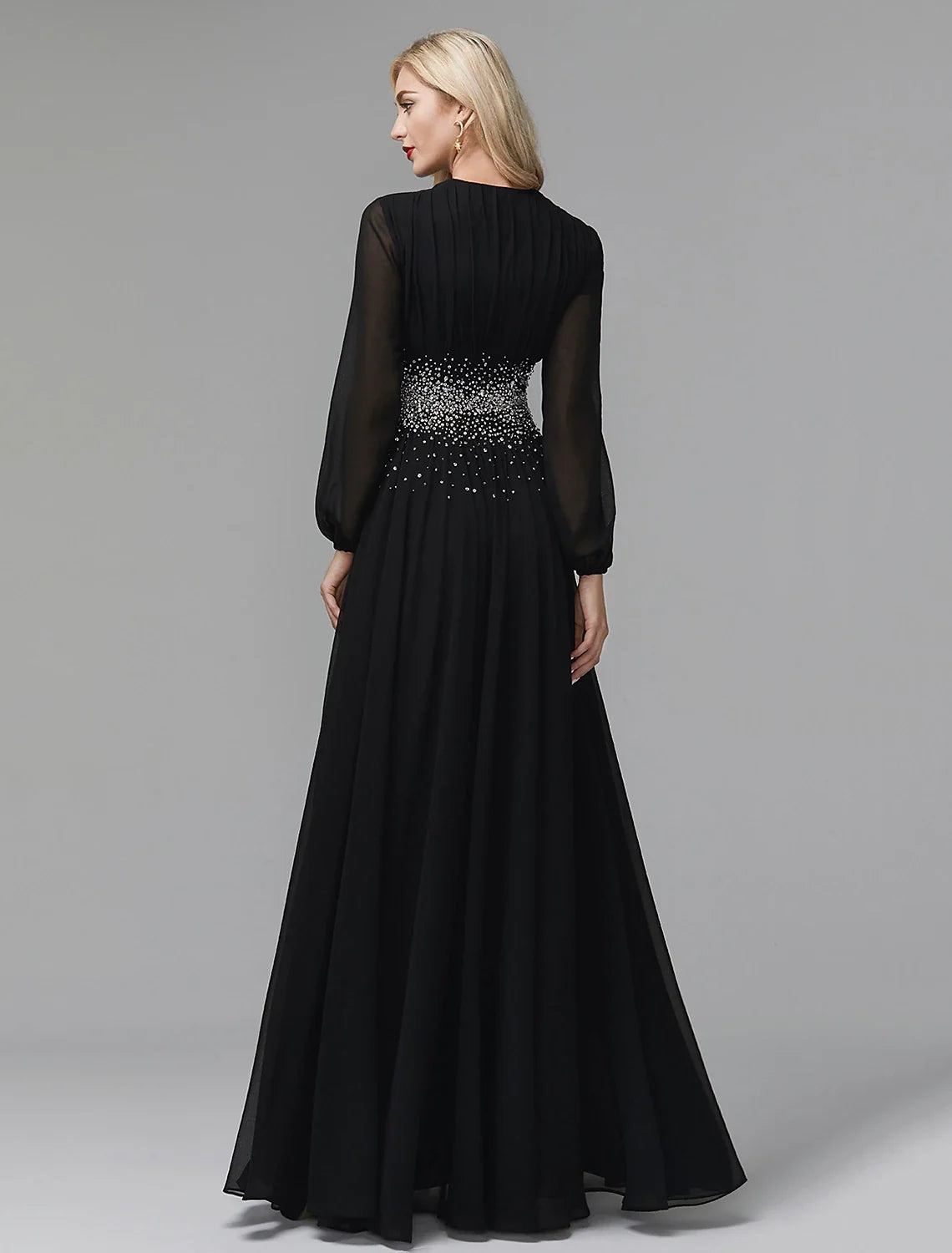 Black A-Line V-Neck Chiffon Long Sleeve Floor-Length Evening Gown - Chloe Dress