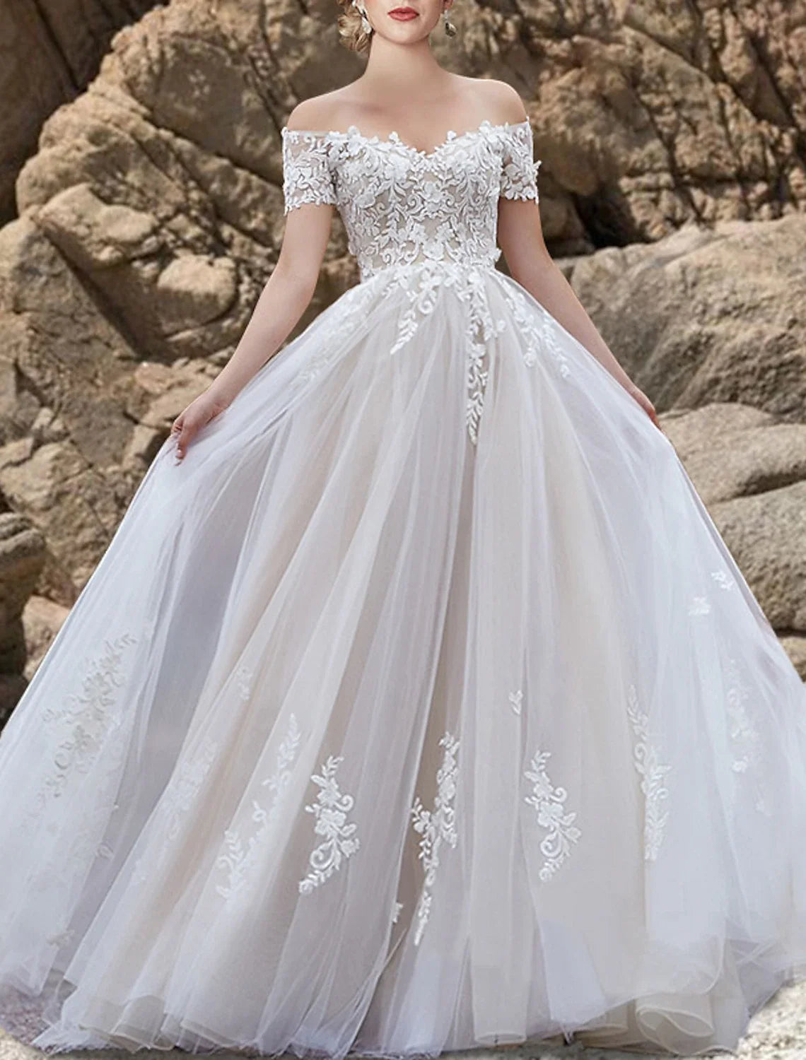 A-Line Off-Shoulder Lace Short Sleeve Train Mini Wedding Gown - Chloe Dress