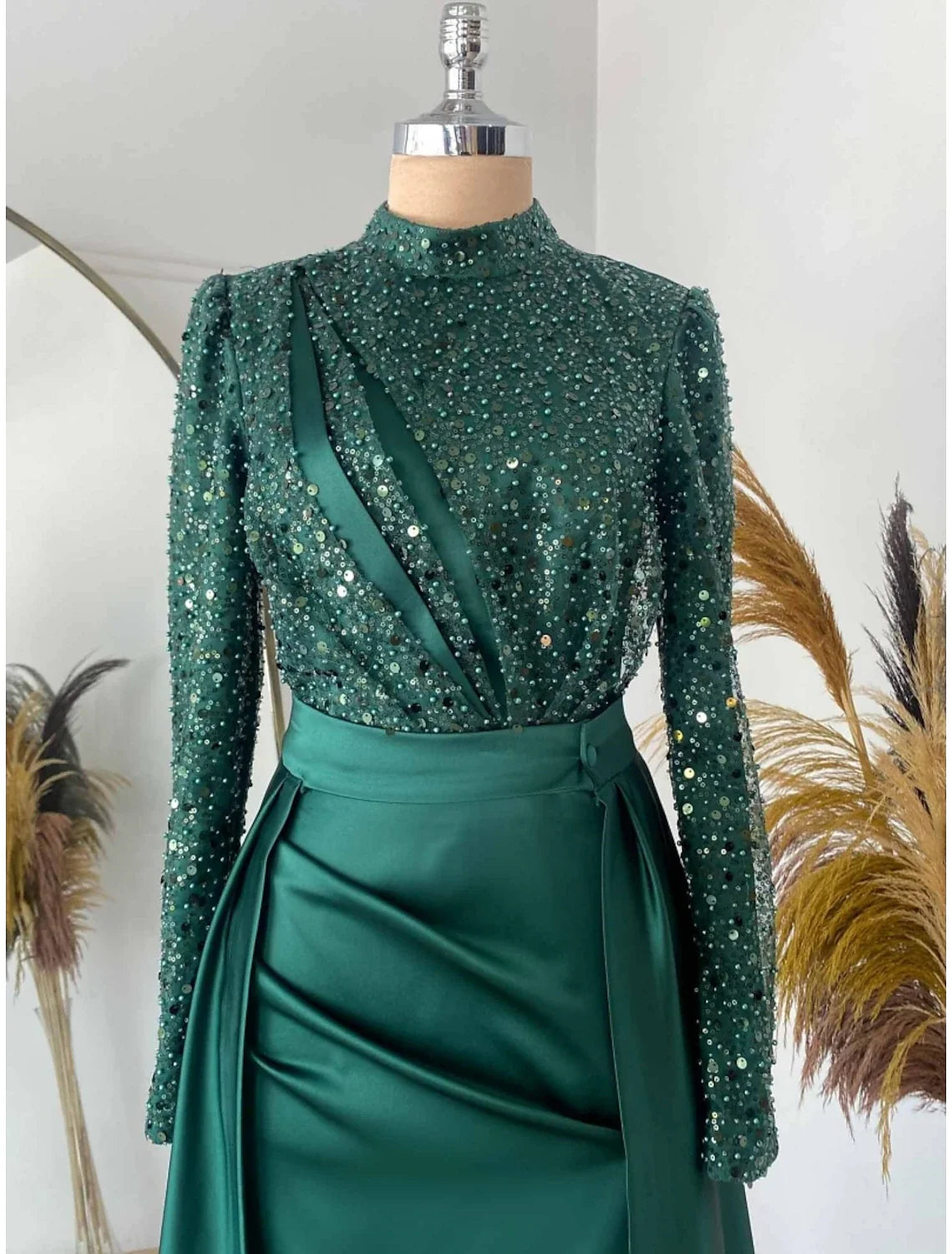Green Sheath Satin Long Sleeve Pleated Evening Gown - Chloe Dress