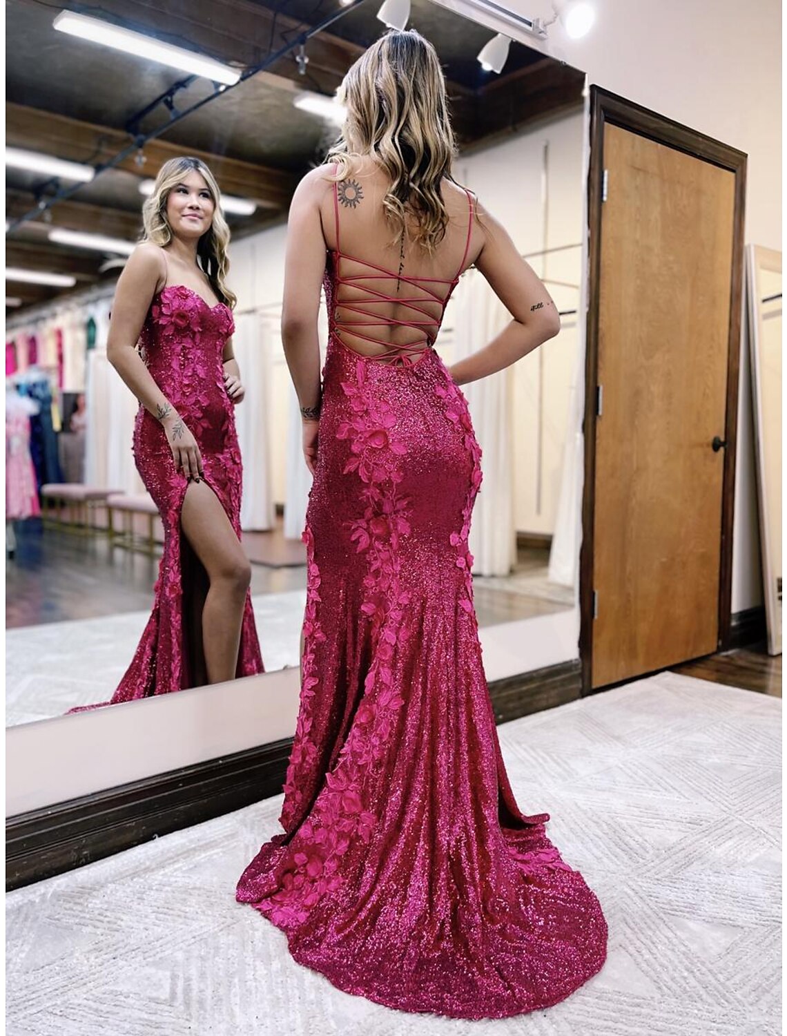 Mermaid Spaghetti Strap Sequin Sleeveless Backless Train Evening Gown - Chloe Dress