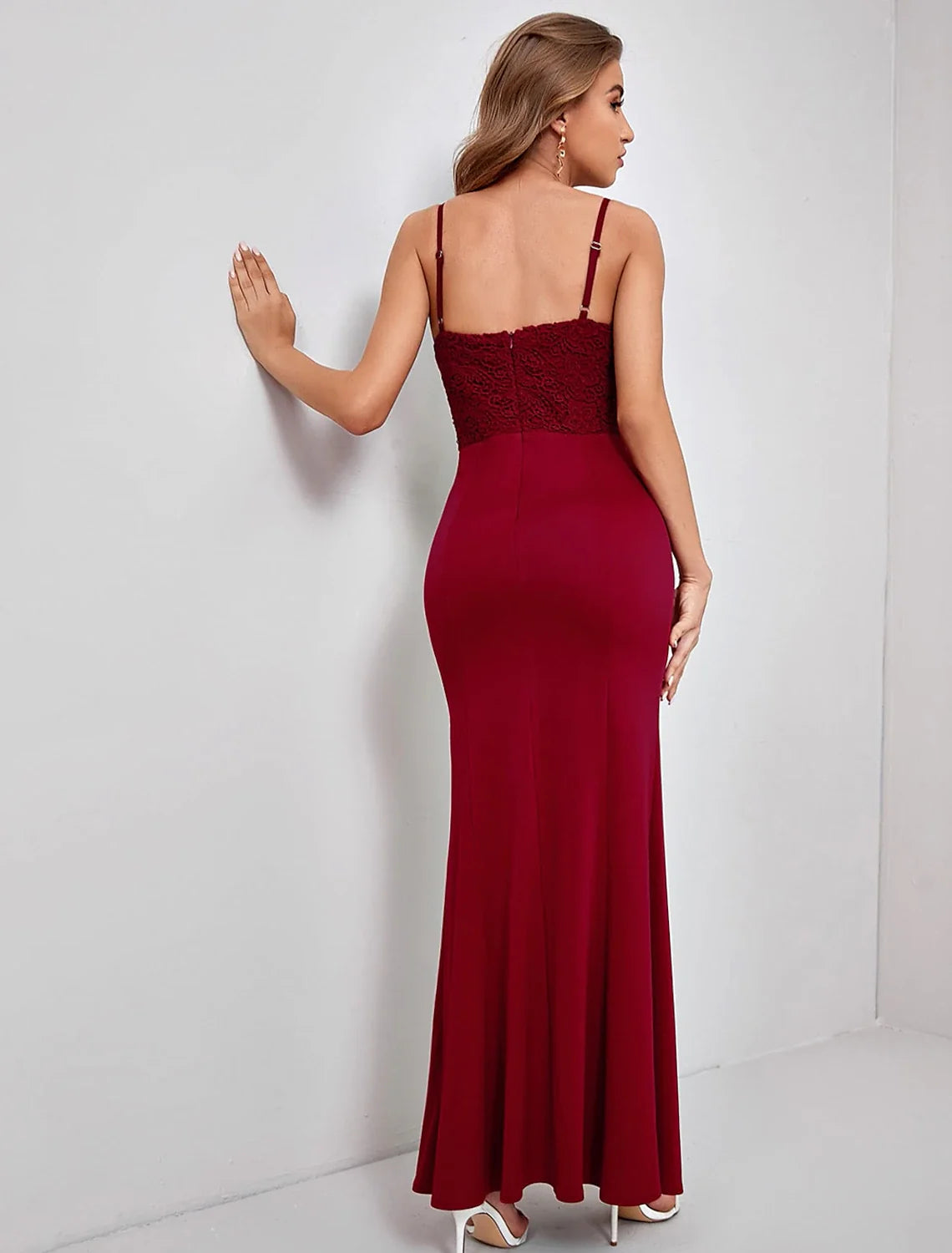Sheath Spaghetti Strap Lace Sleeveless High Slit Ankle-Length Evening Gown - Chloe Dress