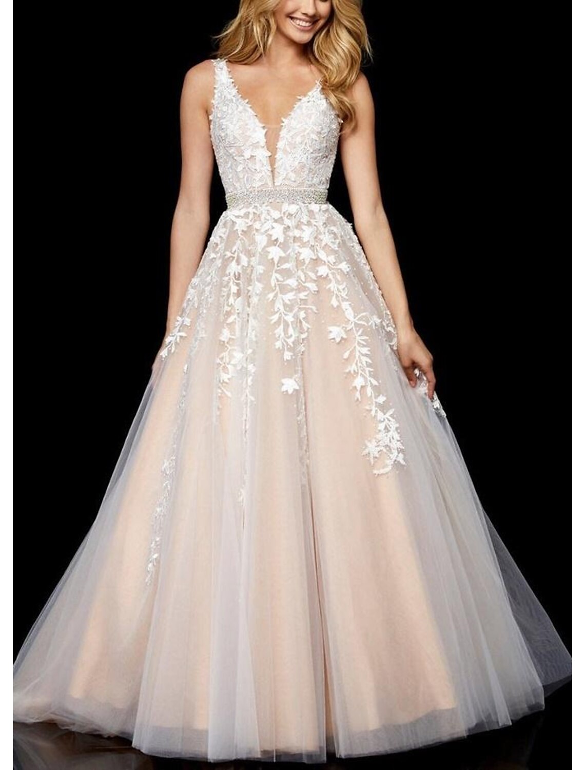 A-Line V-Neck Tulle Sleeveless Applique Floor-Length Prom Dress - Chloe Dress