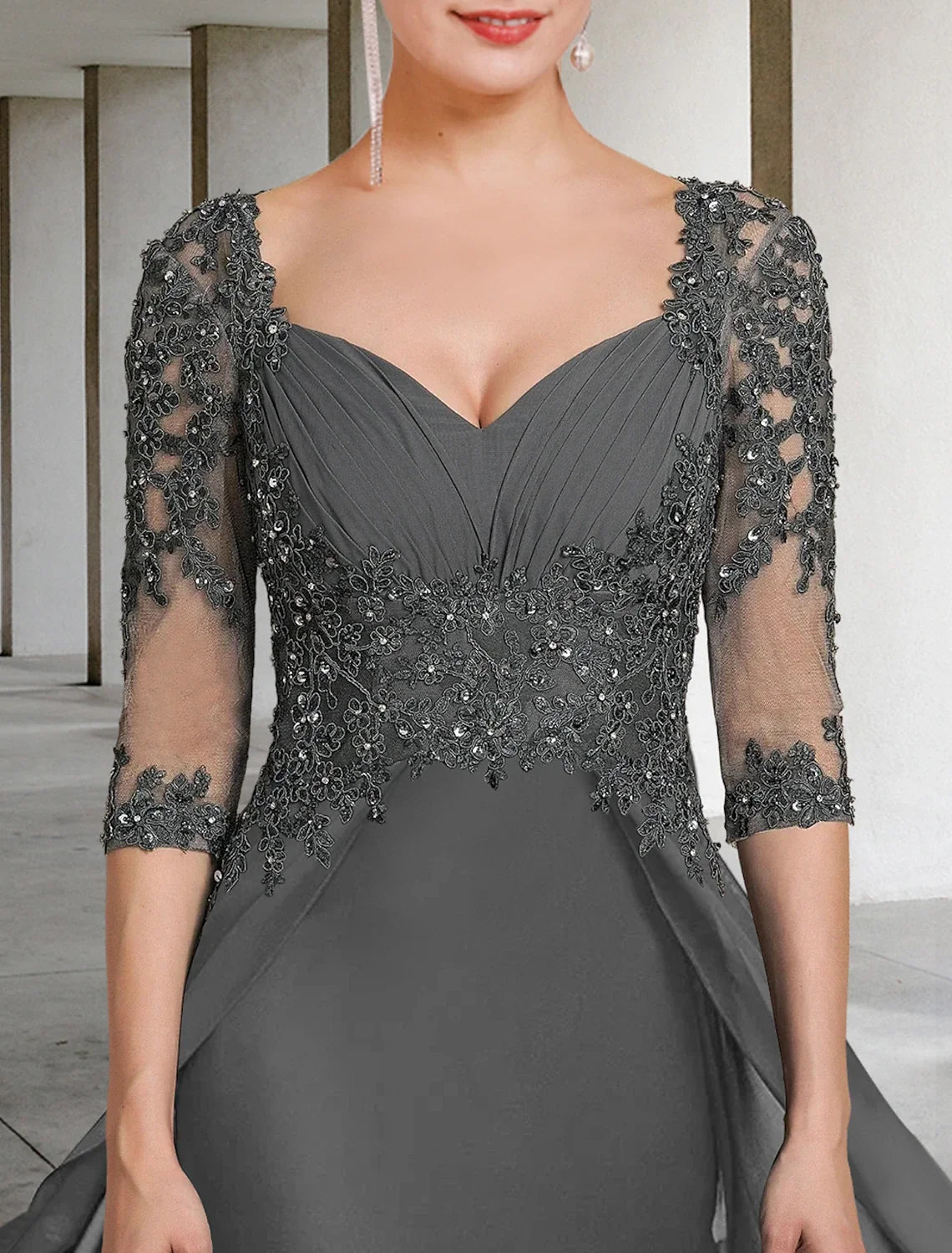 Sheath Square Neck Chiffon Three-Quarter Sleeve Applique Floor-Length Wedding Dress - Chloe Dress