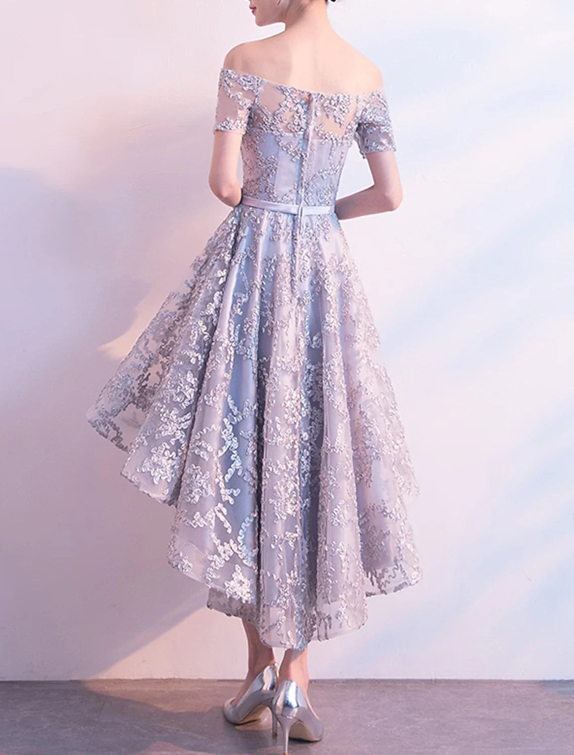 A-Line Off-Shoulder Tulle Short Sleeve Pleated Mini Wedding Dress - Chloe Dress