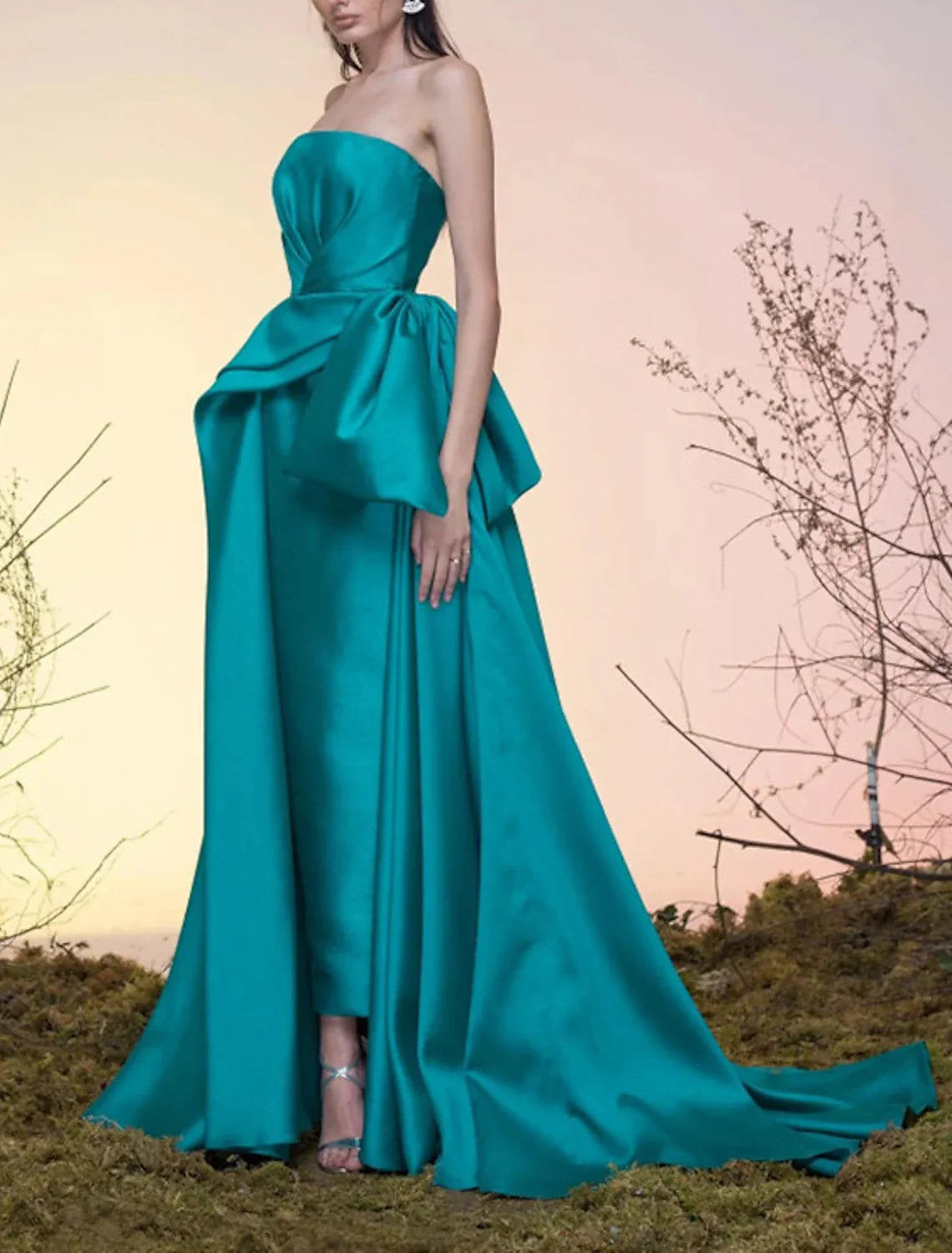 A-Line Strapless Satin Sleeveless Train Prom Dress - Chloe Dress
