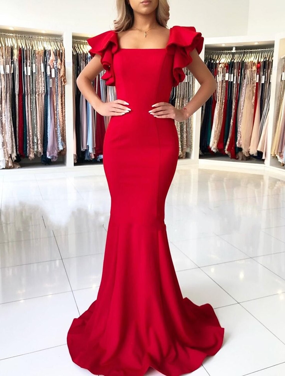 Mermaid Square Neck Sleeveless Backless Ruffled Evening Gown - Chloe Dress