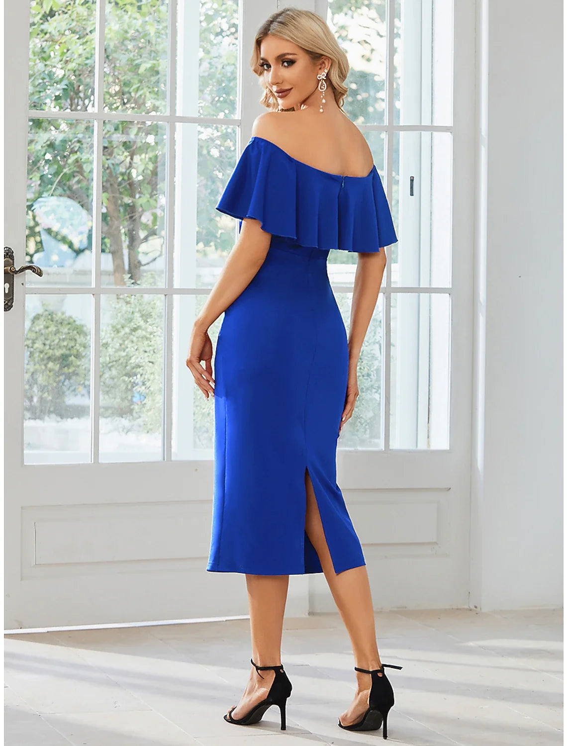 Sheath Off-Shoulder Short Sleeve High Slit Mini Wedding Dress - Chloe Dress