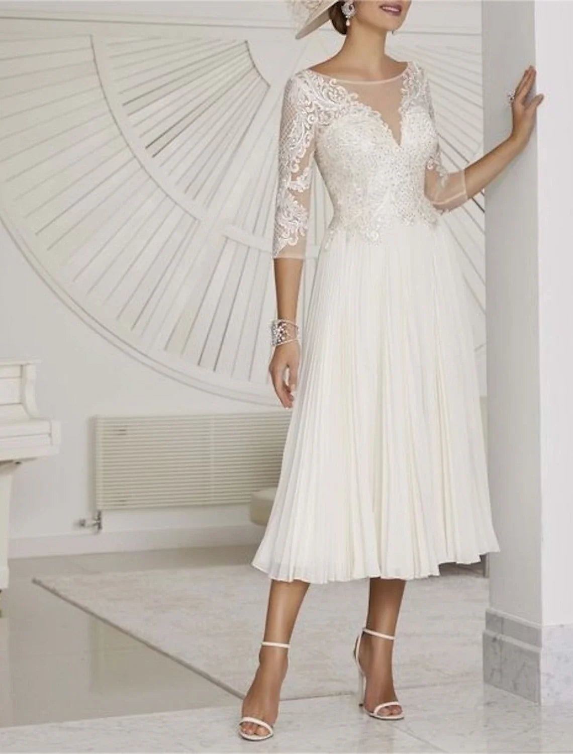 White A-Line Chiffon Three-Quarter Sleeve Pleated Tea-Length Wedding Gown - Chloe Dress