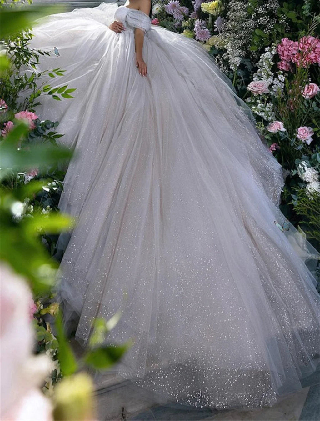 Ball Gown Off-Shoulder Sequin Cap Sleeve Train Wedding Gown - Chloe Dress