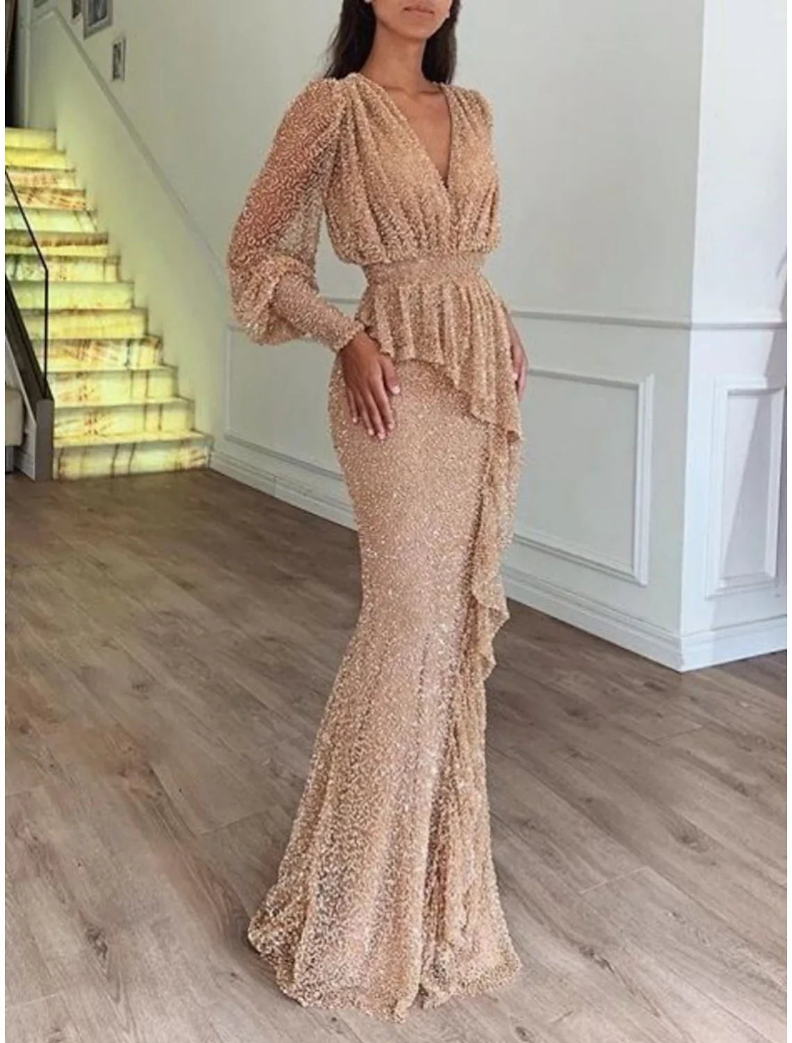 Mermaid V-Neck Sequin Long Sleeve Ruffled Floor-Length Evening Gown - Chloe Dress