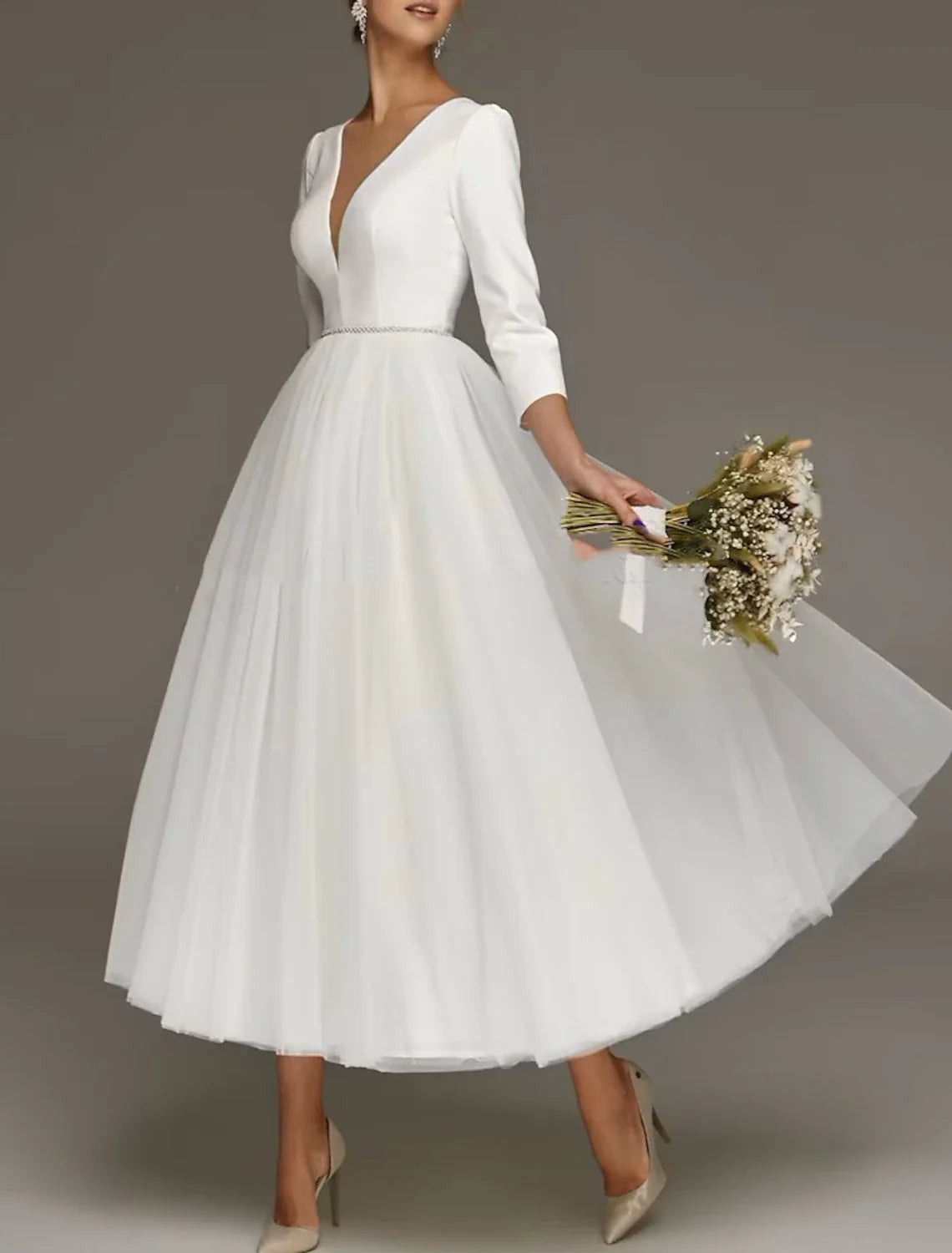 A-Line Off-Shoulder Chiffon Cap Sleeve Tea-Length Wedding Gown - Chloe Dress