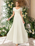 A-Line V-Neck Chiffon Short Sleeve Pleated Floor-Length Wedding Gown - Chloe Dress