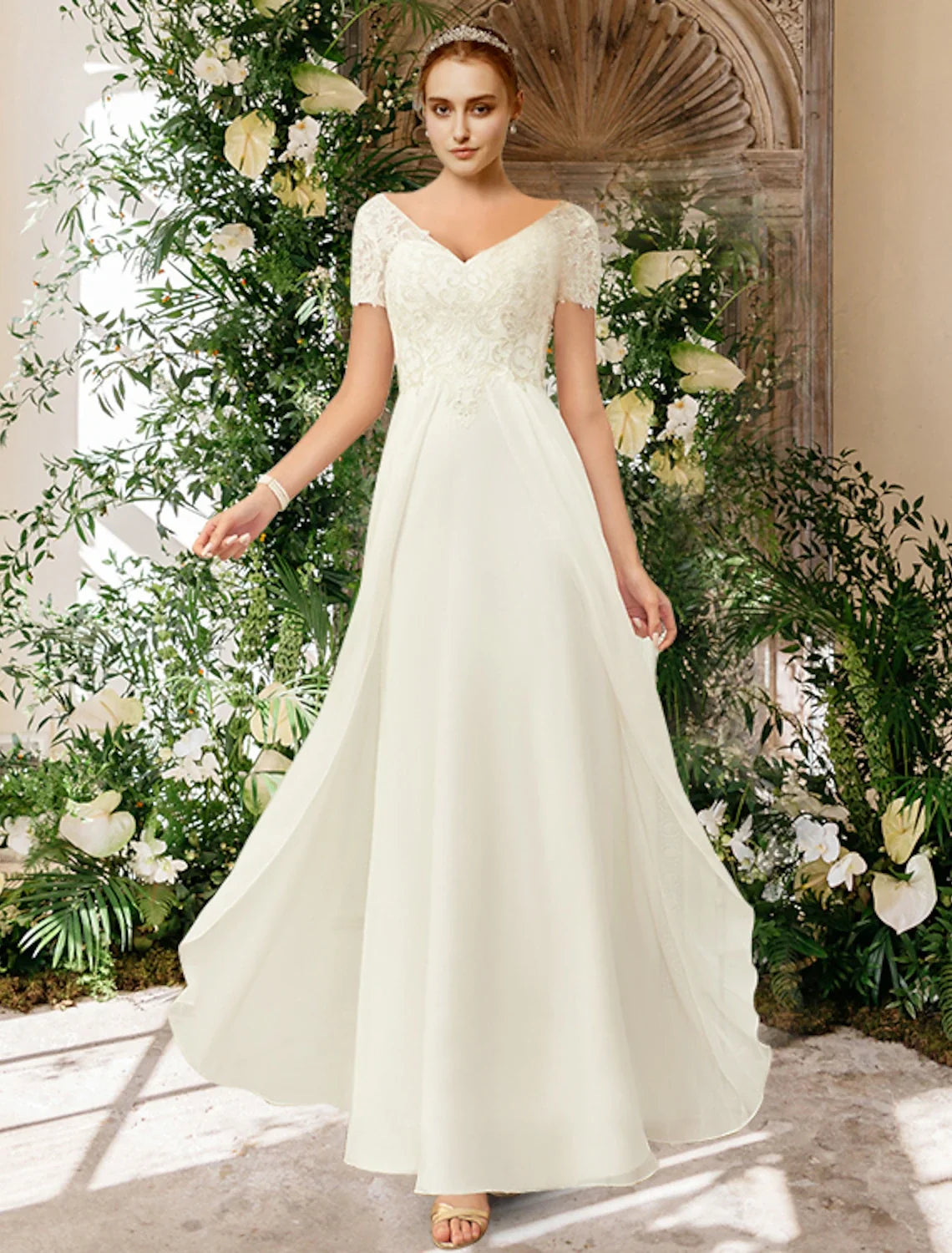A-Line V-Neck Chiffon Short Sleeve Pleated Floor-Length Wedding Gown - Chloe Dress