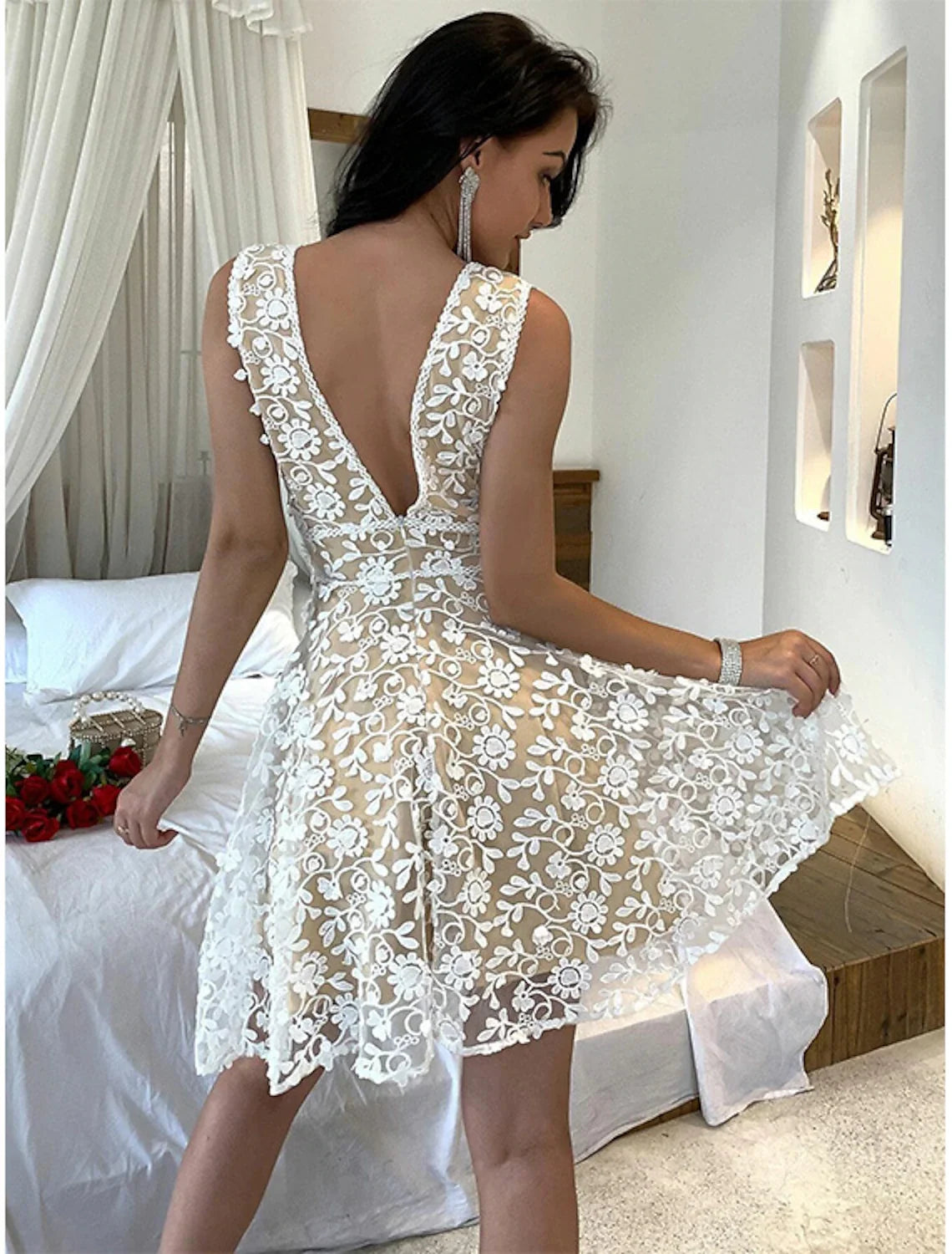 White V-Neck Lace Sleeveless Midi Party Dress - Chloe Dress