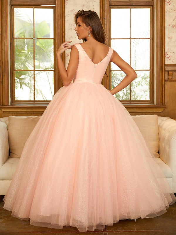 Ball Gown V-Neck Tulle Sleeveless Ruffled Floor-Length Gown - Chloe Dress