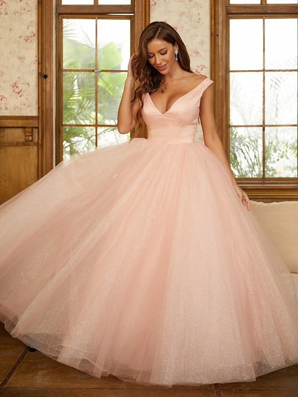 Ball Gown V-Neck Tulle Sleeveless Ruffled Floor-Length Gown - Chloe Dress