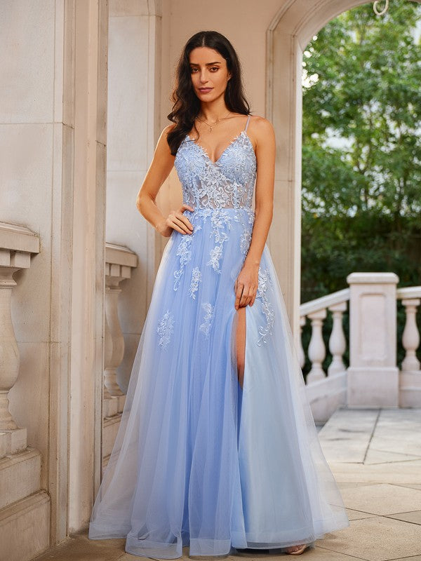 A-Line V-Neck Tulle Sleeveless Applique Floor-Length Dress - Chloe Dress
