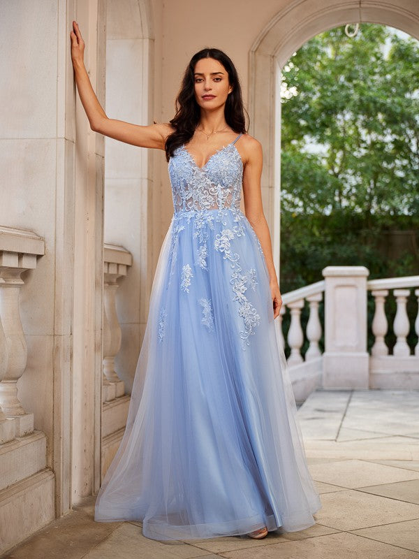 A-Line V-Neck Tulle Sleeveless Applique Floor-Length Dress - Chloe Dress