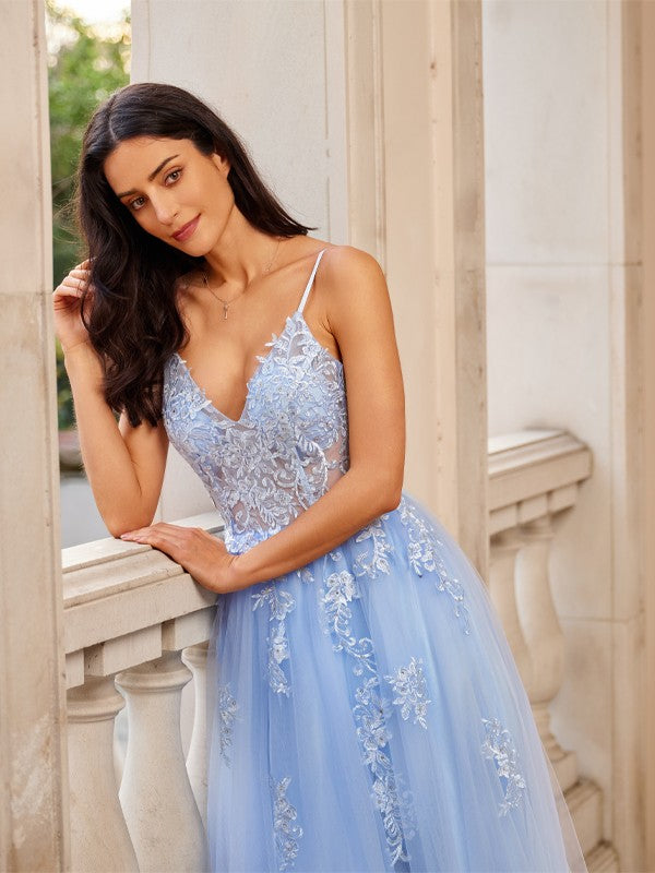 A-Line V-Neck Tulle Sleeveless Applique Floor-Length Dress - Chloe Dress