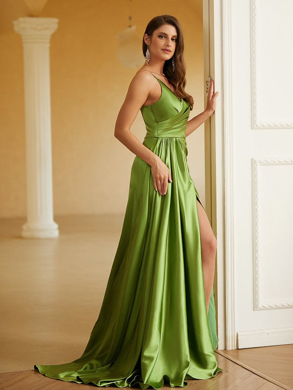 Sheath V-Neck Satin Sleeveless Train Dress - Chloe Dress