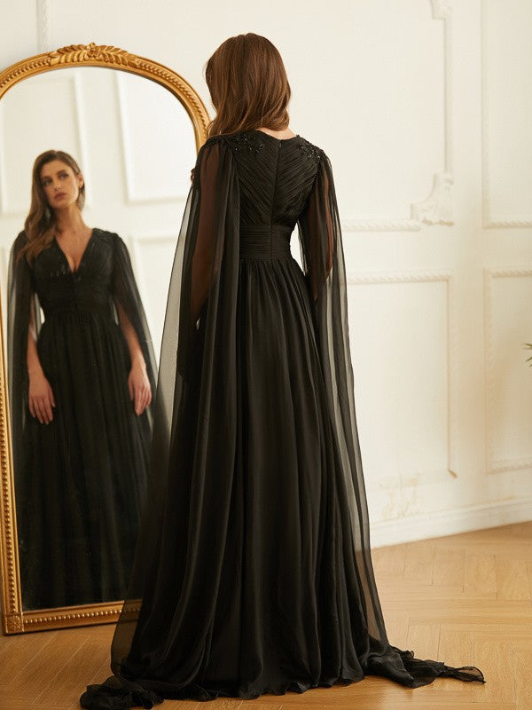 A-Line V-Neck Chiffon Long Sleeve Floor-Length Dress - Chloe Dress