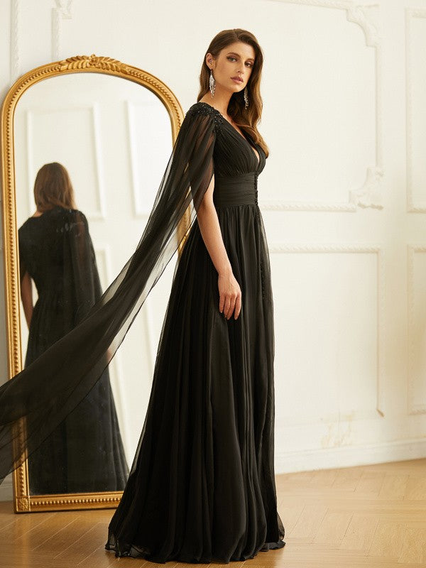A-Line V-Neck Chiffon Long Sleeve Floor-Length Dress - Chloe Dress