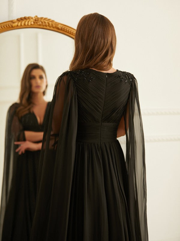 A-Line V-Neck Chiffon Long Sleeve Floor-Length Dress - Chloe Dress
