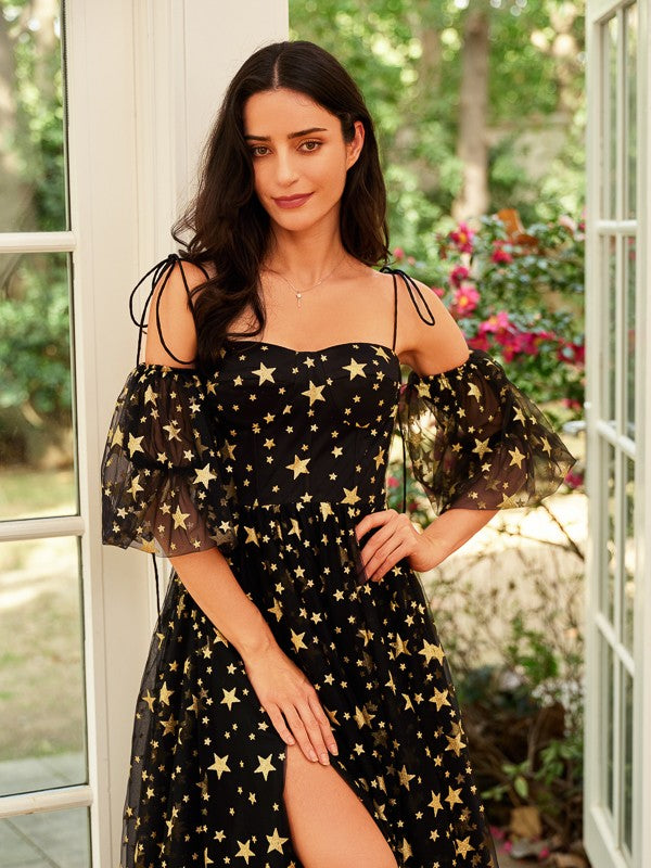 A-Line Spaghetti Strap Lace Short Sleeve Train Mini Dress - Chloe Dress