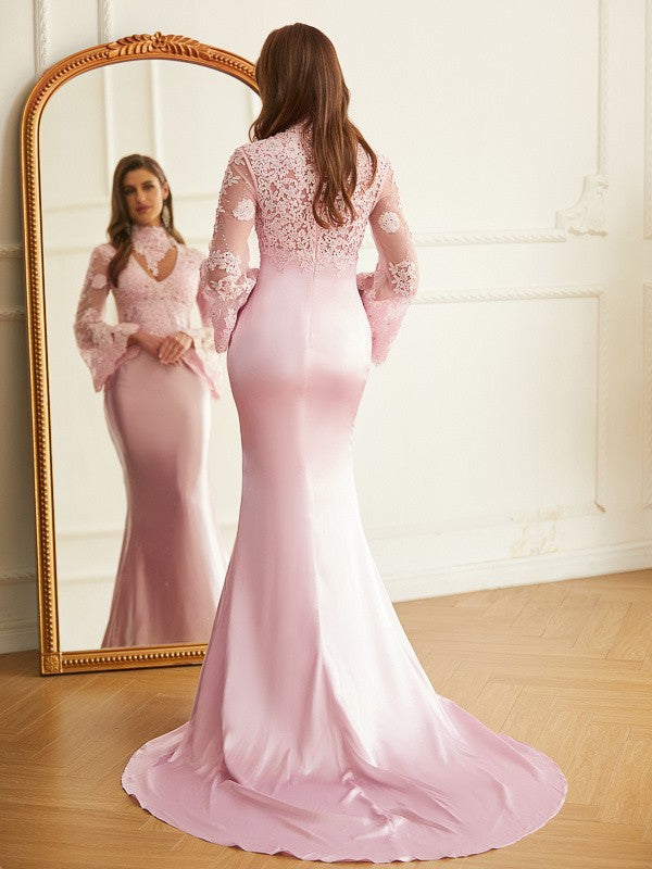 Sheath High Neck Satin Long Sleeve Train Dress - Chloe Dress