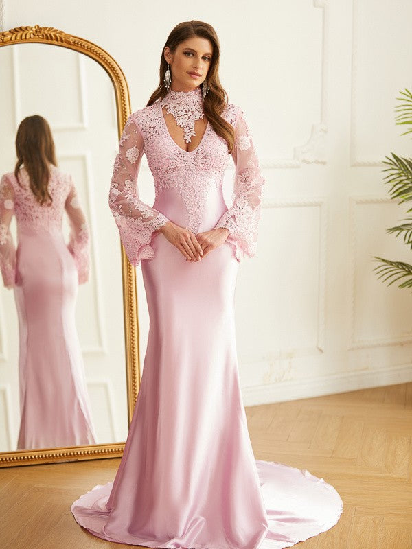 Sheath High Neck Satin Long Sleeve Train Dress - Chloe Dress
