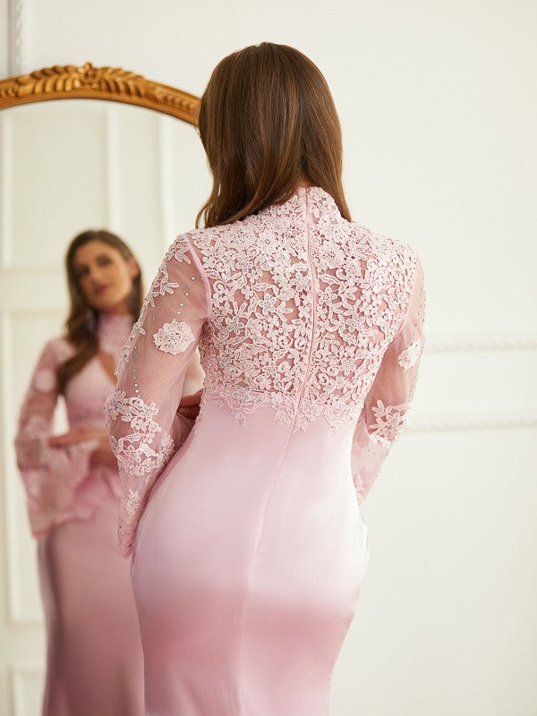 Sheath High Neck Satin Long Sleeve Train Dress - Chloe Dress